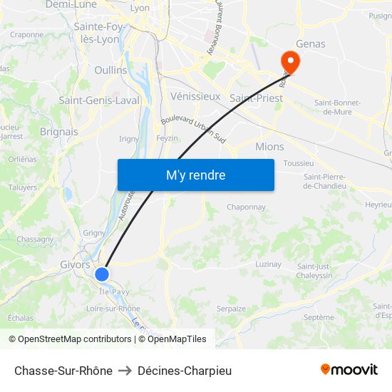 Chasse-Sur-Rhône to Décines-Charpieu map