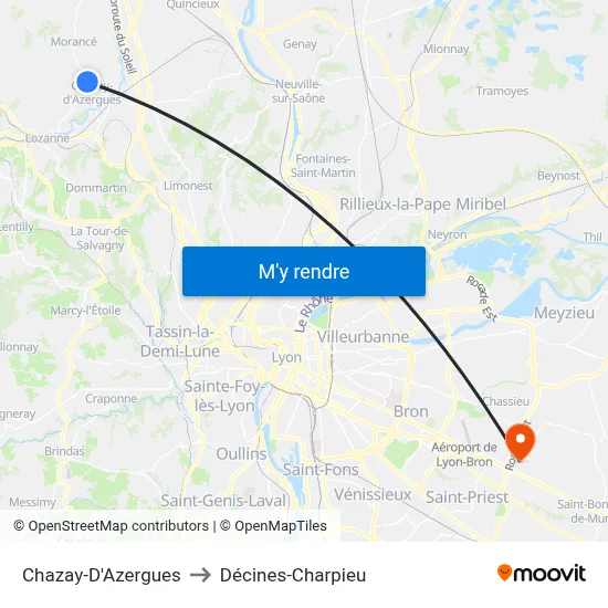 Chazay-D'Azergues to Décines-Charpieu map