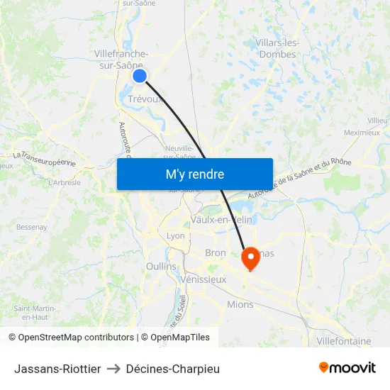 Jassans-Riottier to Décines-Charpieu map