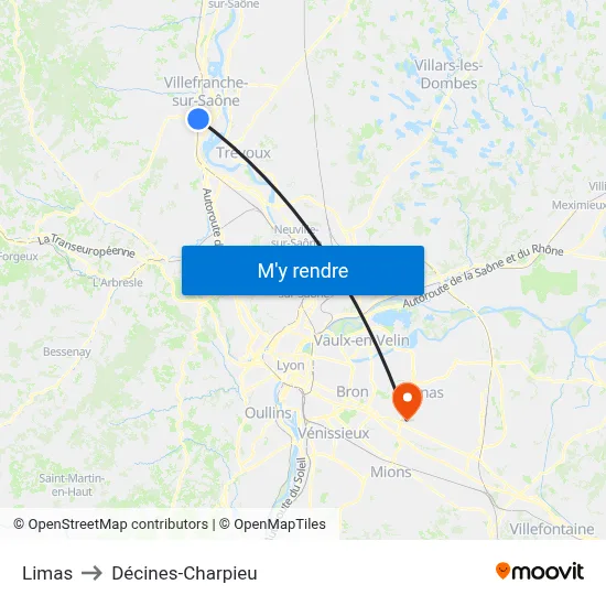 Limas to Décines-Charpieu map