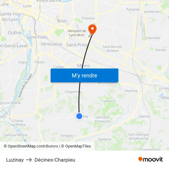 Luzinay to Décines-Charpieu map