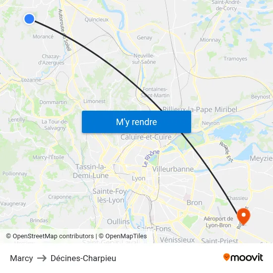 Marcy to Décines-Charpieu map