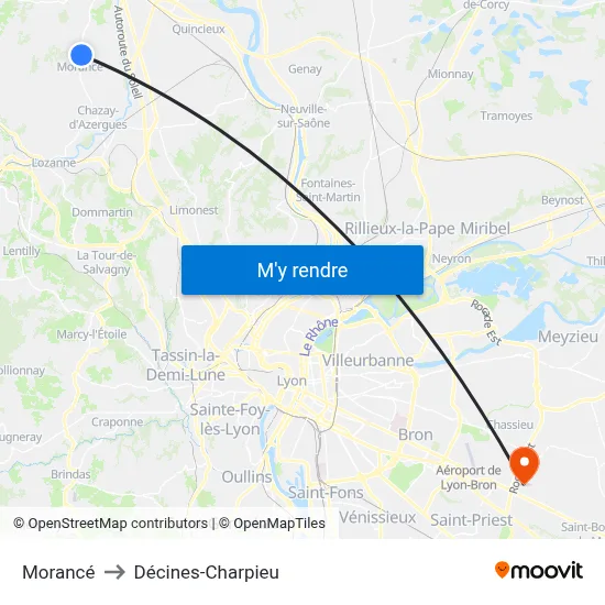 Morancé to Décines-Charpieu map