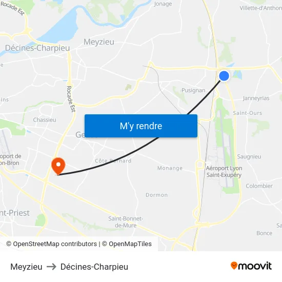 Meyzieu to Décines-Charpieu map