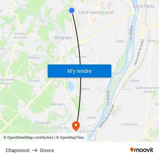 Chaponost to Givors map