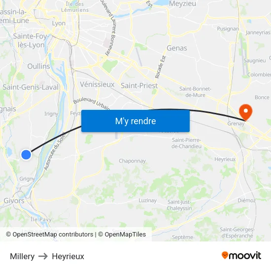 Millery to Heyrieux map