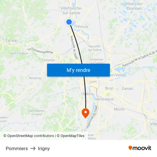 Pommiers to Irigny map