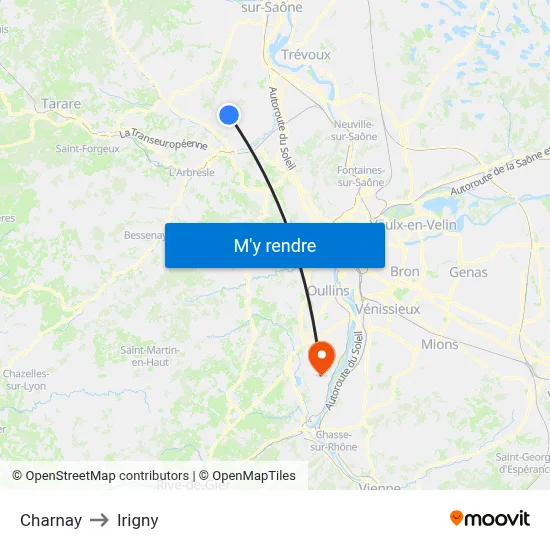 Charnay to Irigny map