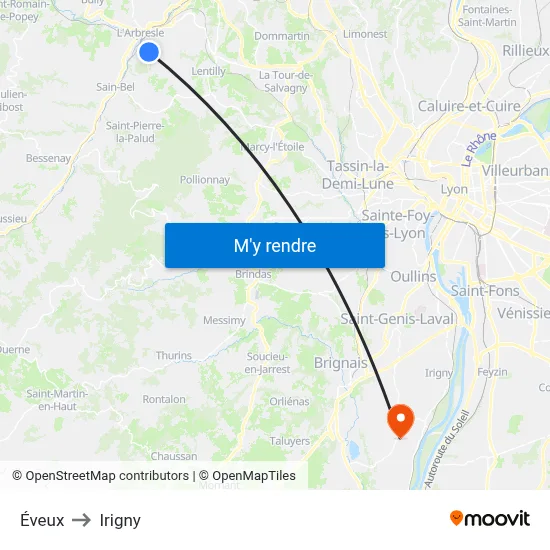 Éveux to Irigny map