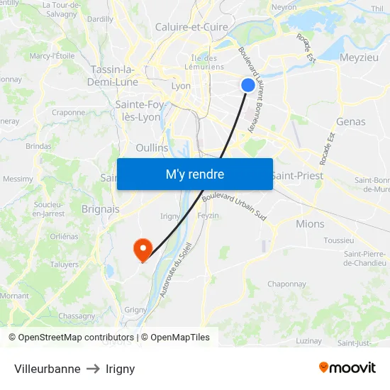 Villeurbanne to Irigny map