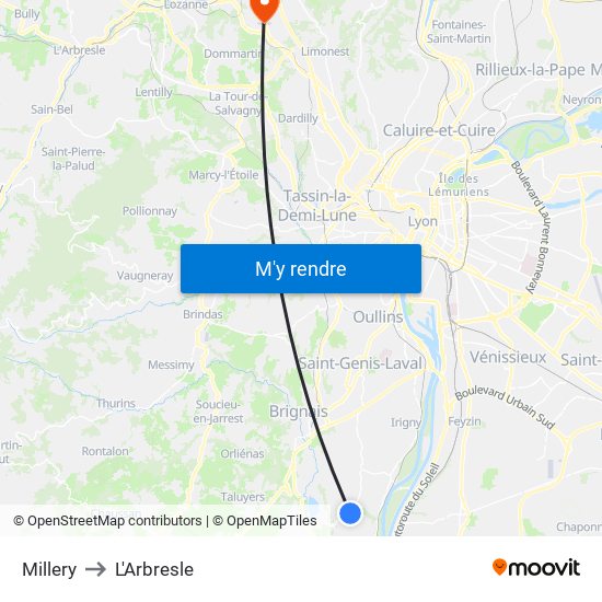 Millery to L'Arbresle map