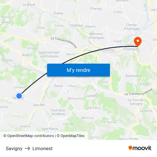 Savigny to Limonest map