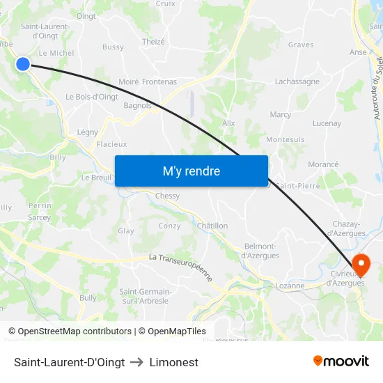 Saint-Laurent-D'Oingt to Limonest map