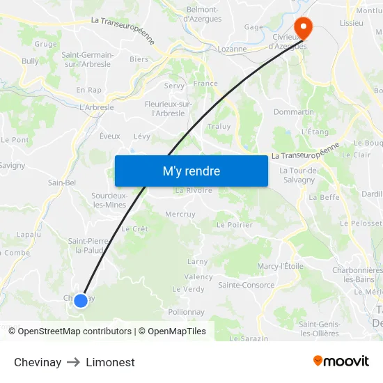 Chevinay to Limonest map