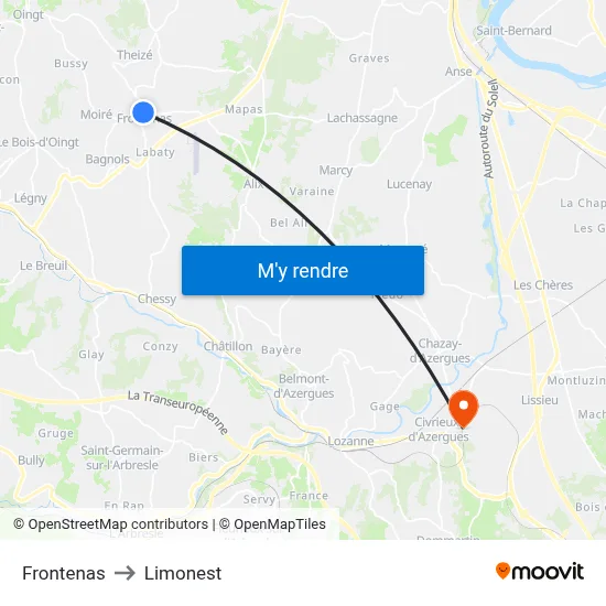 Frontenas to Limonest map