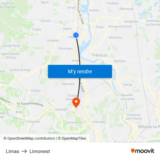 Limas to Limonest map