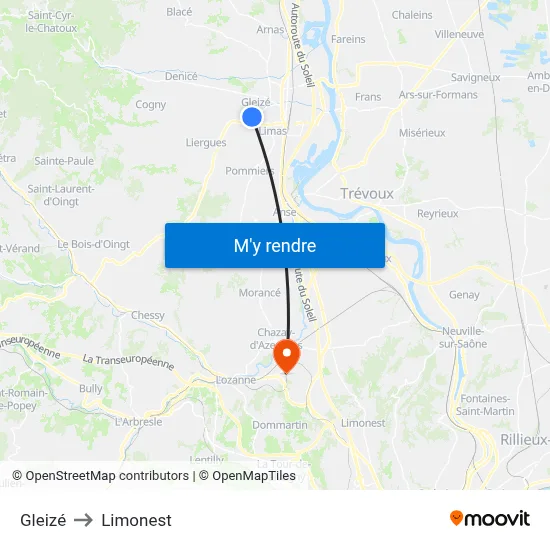 Gleizé to Limonest map