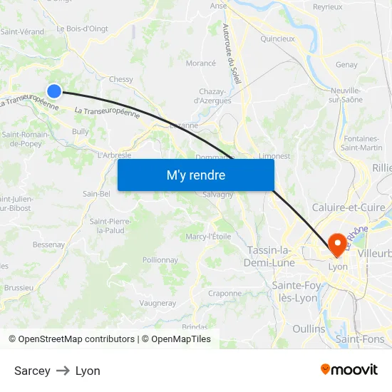Sarcey to Lyon map