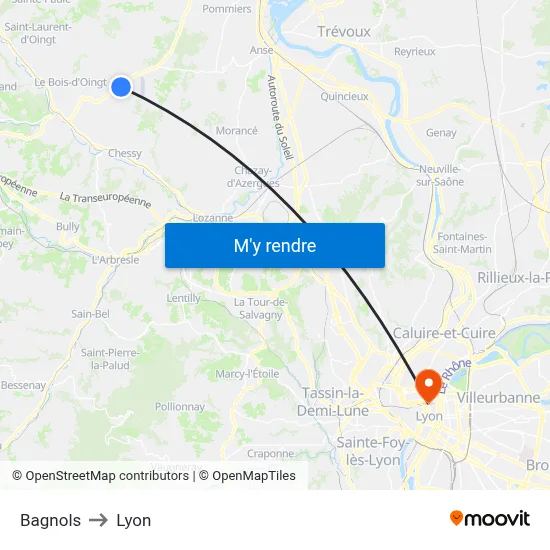 Bagnols to Lyon map