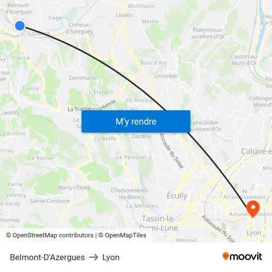 Belmont-D'Azergues to Lyon map