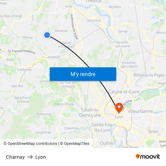 Charnay to Lyon map