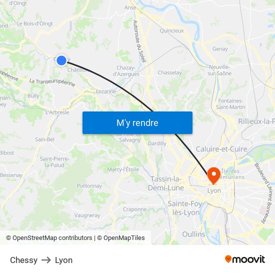 Chessy to Lyon map