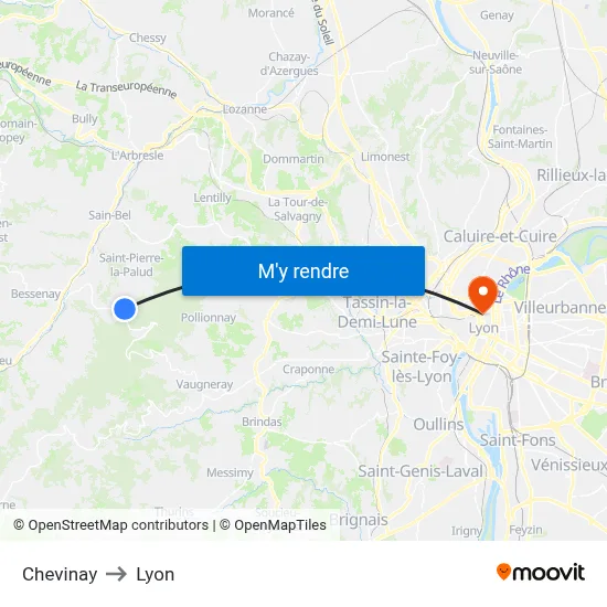 Chevinay to Lyon map