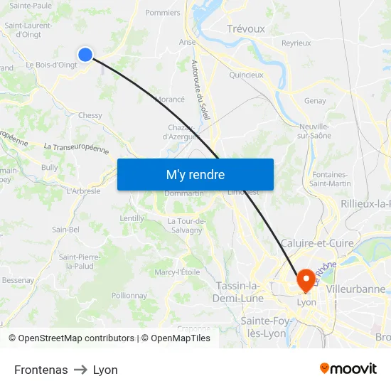 Frontenas to Lyon map