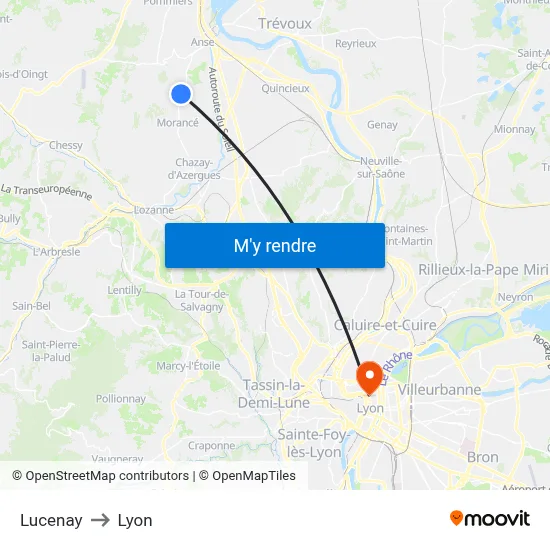 Lucenay to Lyon map