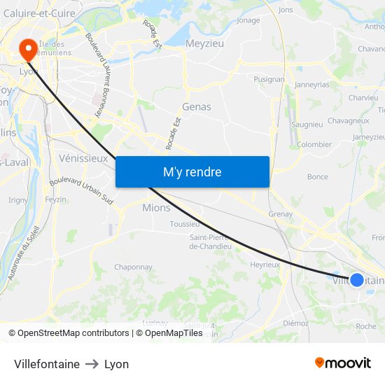 Villefontaine to Lyon map