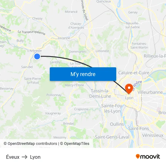 Éveux to Lyon map