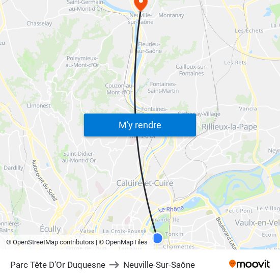 Parc Tête D'Or Duquesne to Neuville-Sur-Saône map