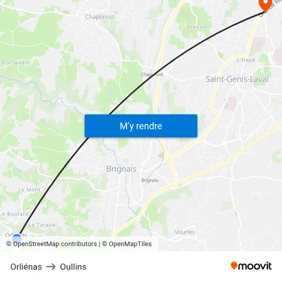 Orliénas to Oullins map