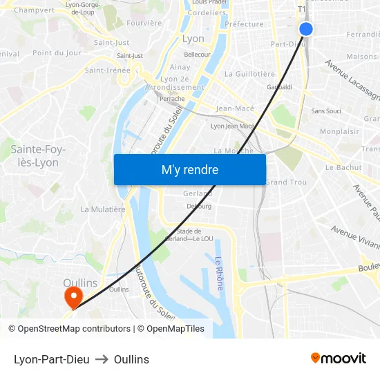 Lyon-Part-Dieu to Oullins map