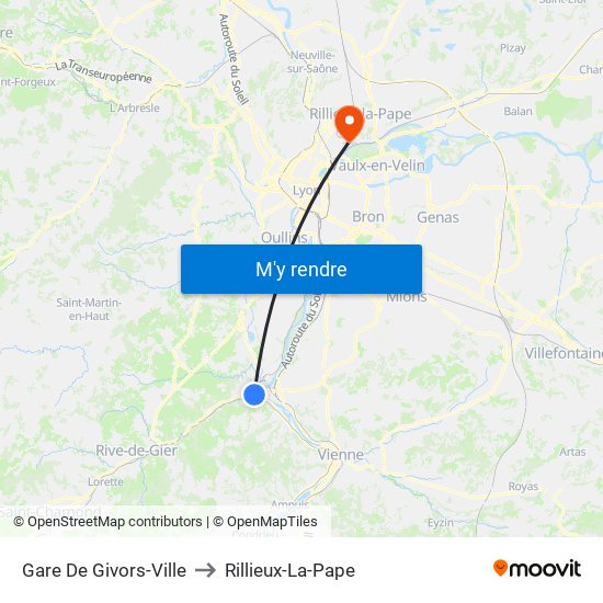 Gare De Givors-Ville to Rillieux-La-Pape map