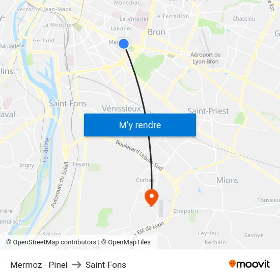 Mermoz - Pinel to Saint-Fons map
