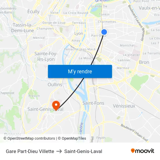 Gare Part-Dieu Villette to Saint-Genis-Laval map