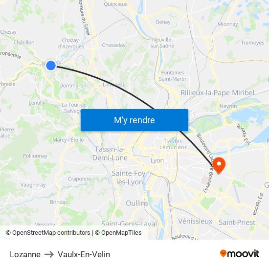 Lozanne to Vaulx-En-Velin map