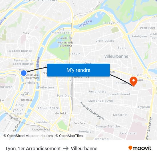 Lyon, 1er Arrondissement to Villeurbanne map