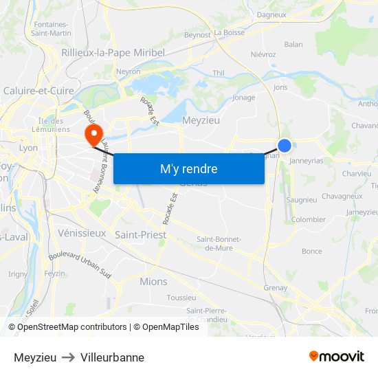 Meyzieu to Villeurbanne map