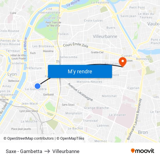Saxe - Gambetta to Villeurbanne map