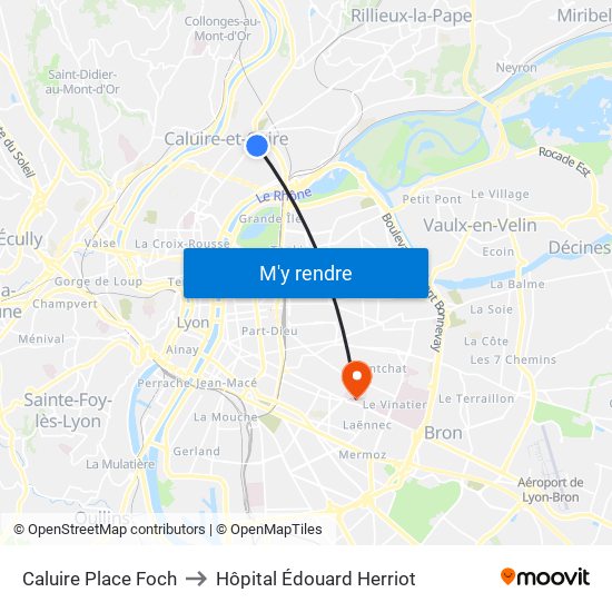 Caluire Place Foch to Hôpital Édouard Herriot map