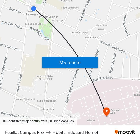Feuillat Campus Pro to Hôpital Édouard Herriot map