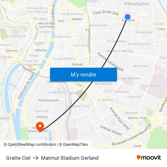 Gratte Ciel to Matmut Stadium Gerland map