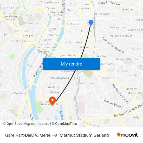 Gare Part-Dieu V. Merle to Matmut Stadium Gerland map