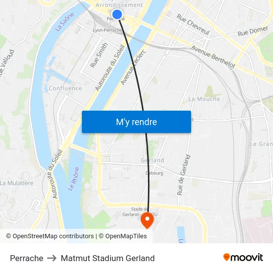 Perrache to Matmut Stadium Gerland map