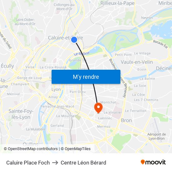 Caluire Place Foch to Centre Léon Bérard map