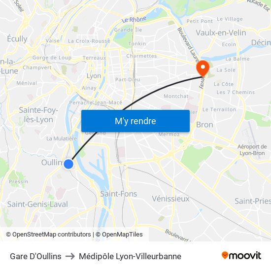 Gare D'Oullins to Médipôle Lyon-Villeurbanne map