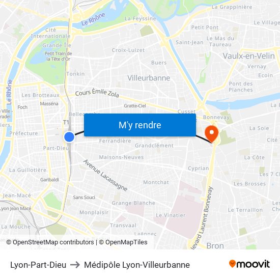 Lyon-Part-Dieu to Médipôle Lyon-Villeurbanne map