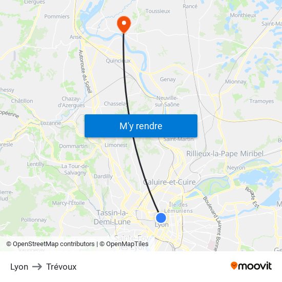 Lyon to Trévoux map